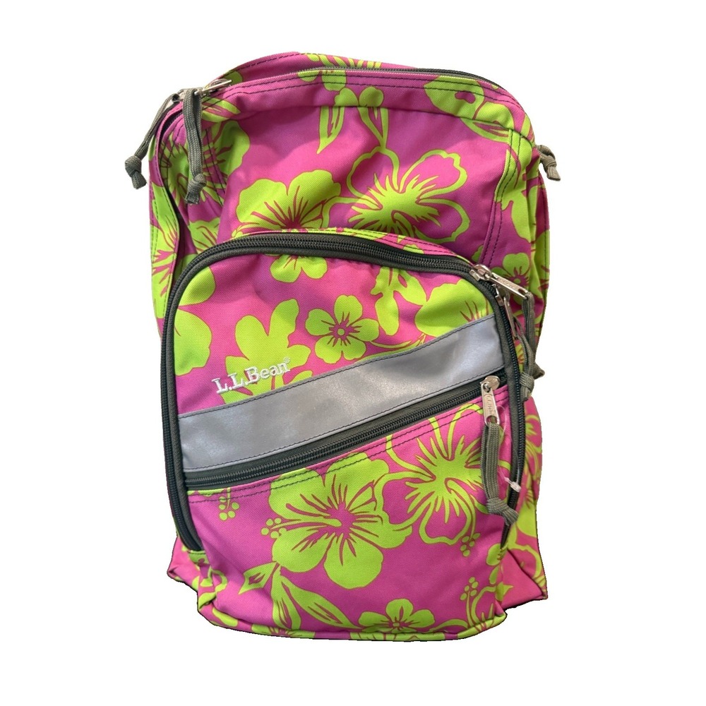 LL Bean Deluxe Backpack School Camp Blue Green Floral Hawaiian Geometric